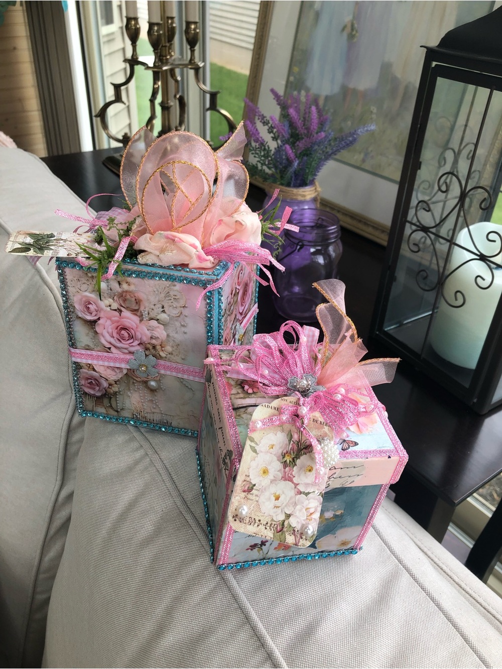 Hand Crafted Pink Floral Decor Gift Boxes with Blue Trim - Picture 6 of 14